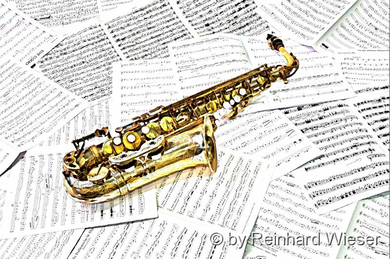 Sax Gemaelde_02.jpg - Saxophon auf Notenblätterals Gemälde bearbeitet